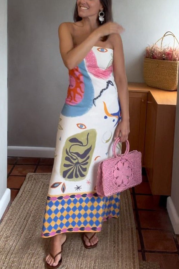 Ramona – Schulterfreies, lockeres Midikleid aus Leinenmischung mit einzigartigem Druck