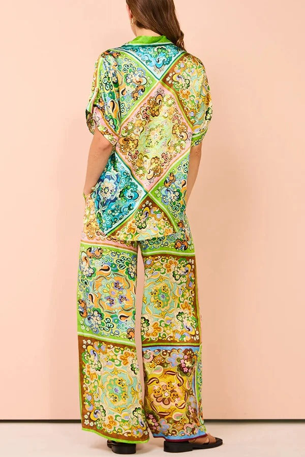 Joselyn Paisley Colorblock Einzigartiger Druck Elastischer Bund Taschen Hosenset