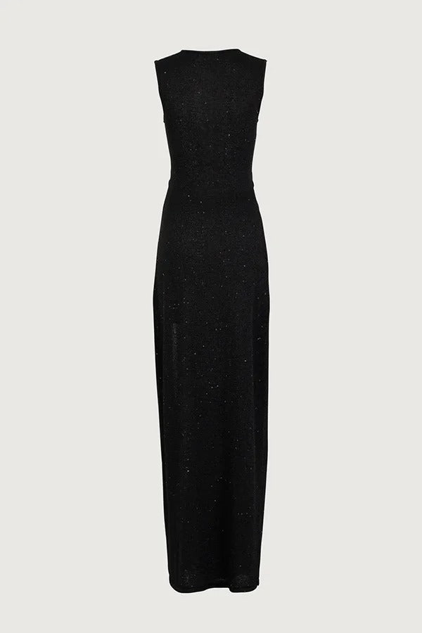 Schöne Figur Glänzender Strickstoff Ausschnitt Seitenschlitz Stretch Urlaub Maxikleid