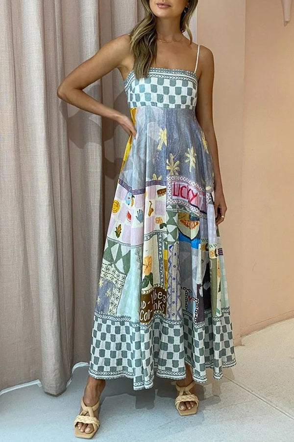 Wonderful Weekend – Midikleid aus Leinenmischung mit einzigartigem Aufdruck, gesmokten Rückentaschen