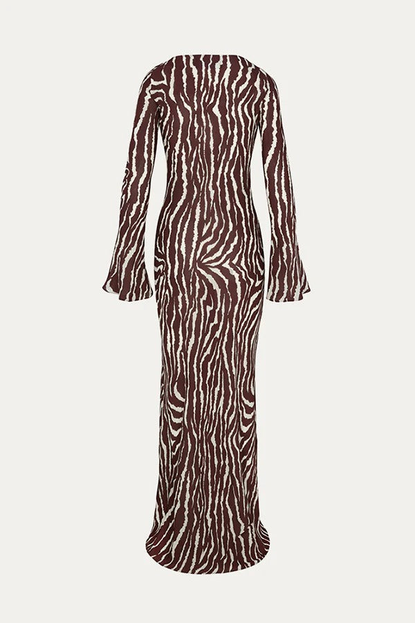 Robe longue Gia à imprimé unique, col bateau, manches longues cloche et coupe en biais