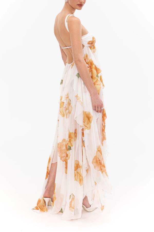 Mariah Floral Print Starfish Brooch Inverted Halter Neck Slit Ruffles Maxi Dress