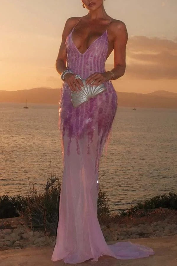 Perfect Night Sequin Embroidery Backless Drape Tulle Hem Slip Maxi Dress