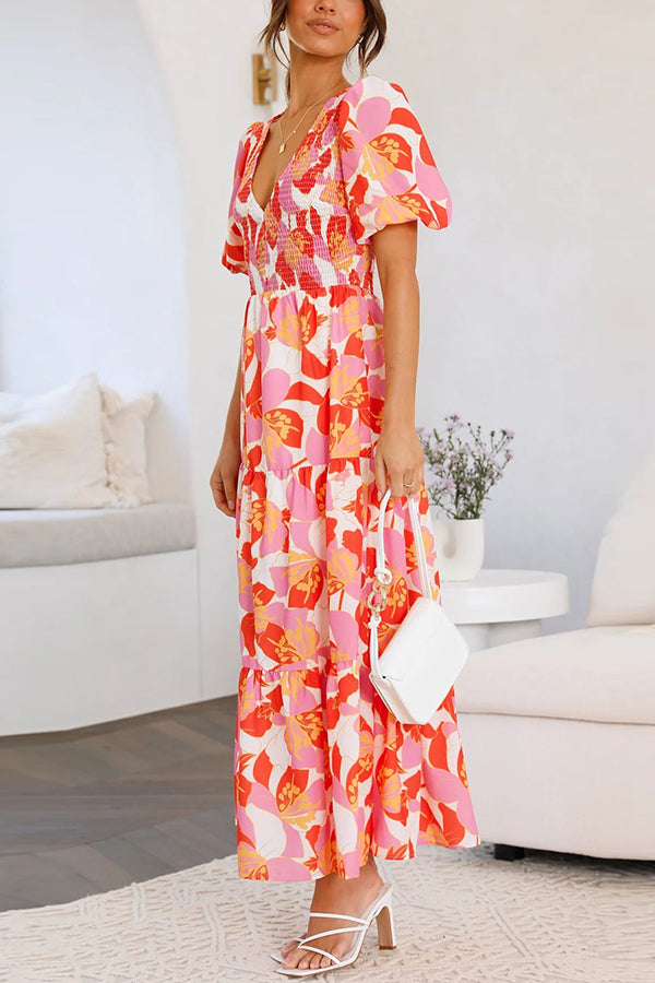 Robe longue à volants et manches bouffantes Peony Garden