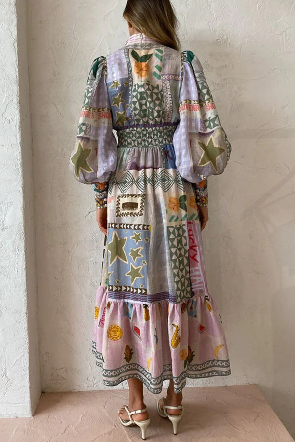 Verspielt schickes, einzigartiges Print-Midikleid mit Ballonärmeln und gesmoktem Bund