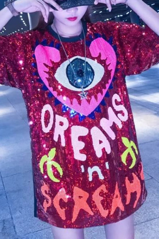 Lockeres T-Shirt mit Pailletten und Love Eyes Letters, Rundhalsausschnitt, kurzen Ärmeln und mittlerer Länge