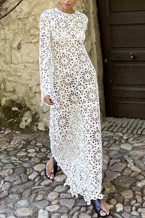 Island Break Crochet Flower Pattern Long Sleeve Backless Vacation Maxi Dress
