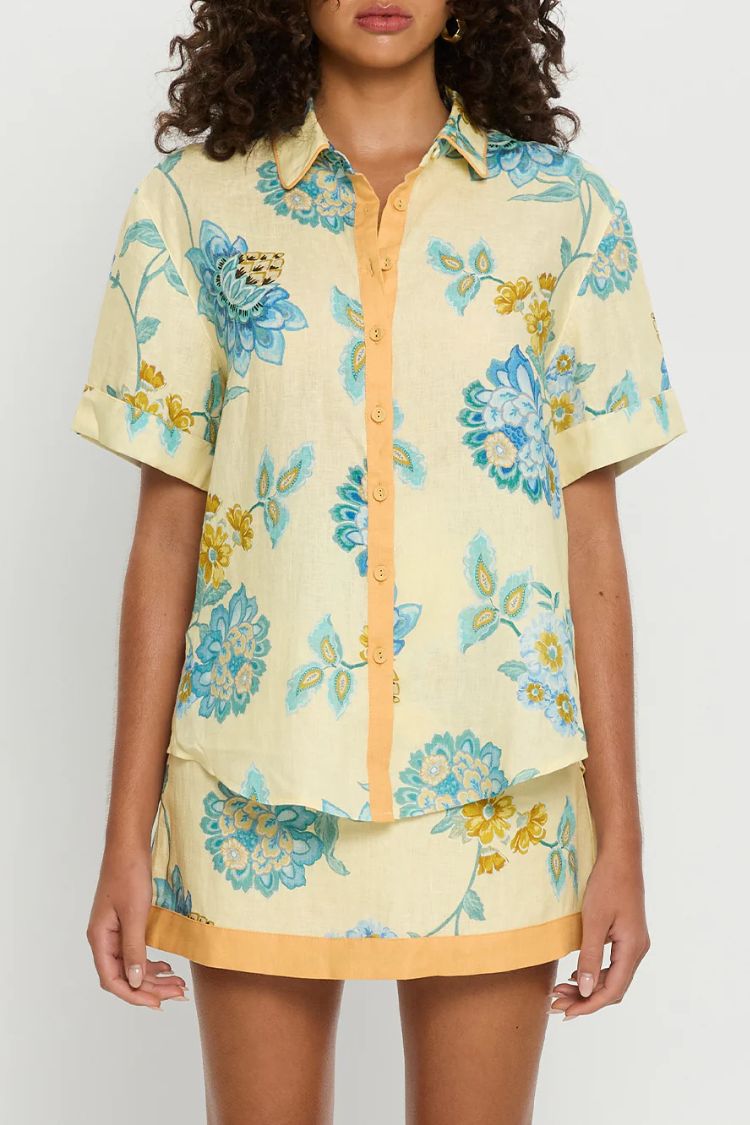 Giselle – Set aus kurzärmligem Hemd aus Leinenmischung mit Blumenmuster und Minirock mit Reißverschluss