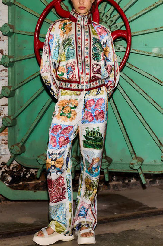 Wond A Land – Bomberjacke mit einzigartigem Druck, Reißverschlusstaschen und Ballonärmeln