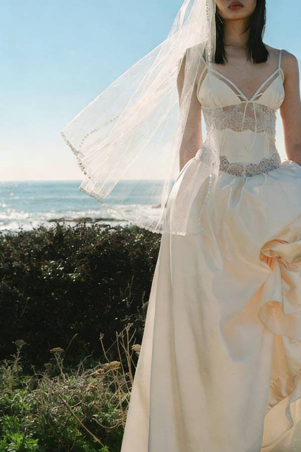 Delicate and Exquisite Satin Lace Patchwork Slip Bridal Gown Maxi Dress