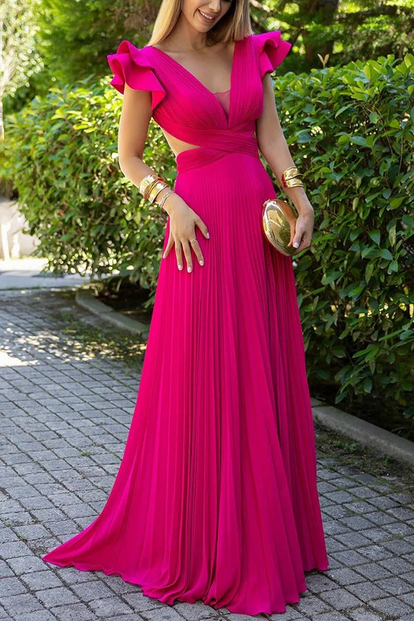 Seville – Plissiertes Maxikleid mit Rüschenärmeln, Cut-out auf der Rückseite und Schnürung