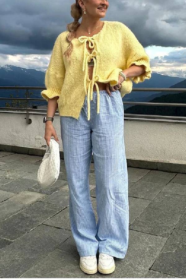 Pull cardigan à col rond et manches évasées avec nœud à lacets