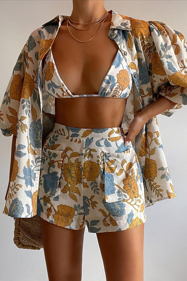 Ensemble chemisier oversize fleuri Hawaii Beach avec soutien-gorge camisole et short à poches