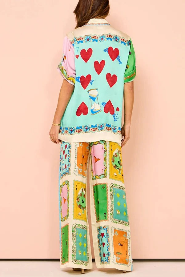 Lustige Poker Sommer Satin Einzigartiger Druck Elastische Taille Taschen Weite Beinhose