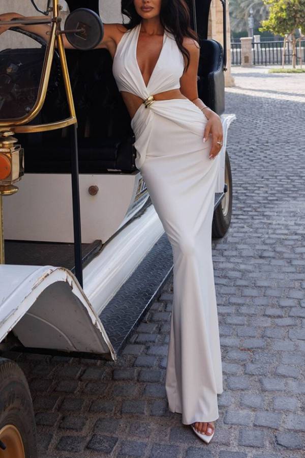 Deep V halter neck dress Elegant slim halter neck long dress