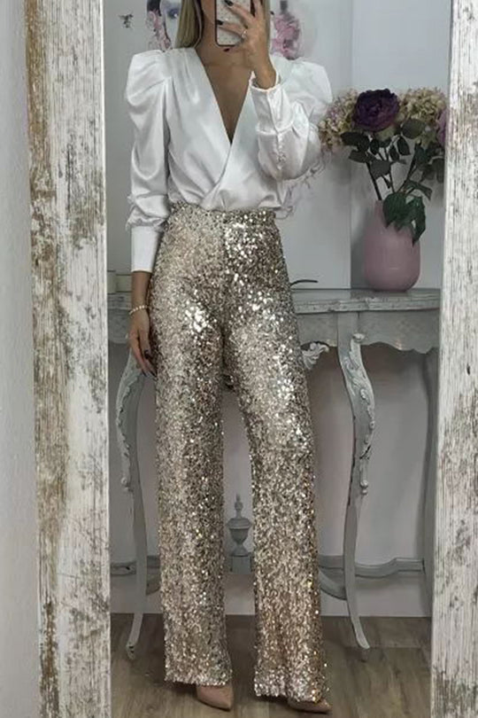 Glitzernde Glamour-Paillettenhose mit hohem Bund und weitem Bein