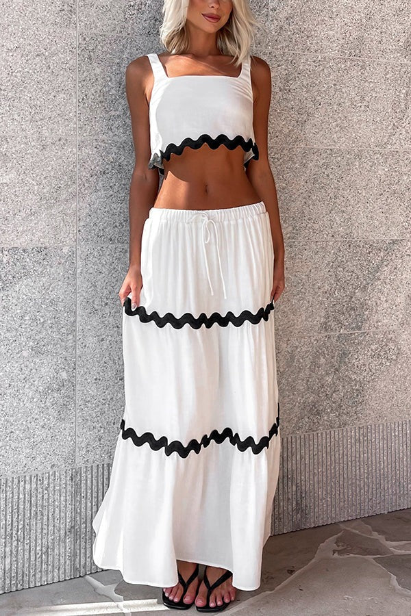 Ärmelloses, kurzes Tanktop mit Napa-Zickzack-Besatz und Maxirock mit Tasche und elastischer Taille mit Kordelzug