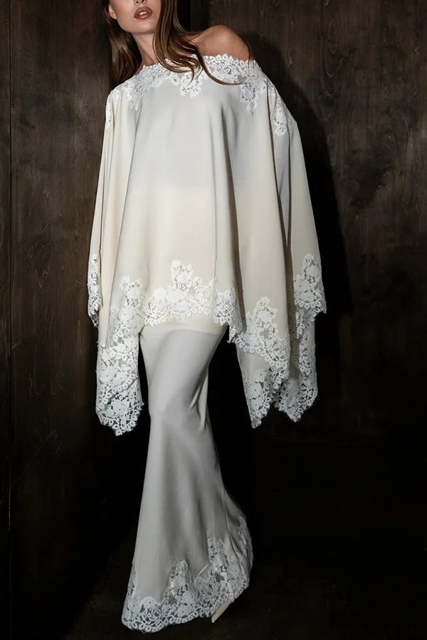 Like A Swan Lace Trim Off Shoulder Cape Top and Elastic Waist Draped Maxi Skirt Set