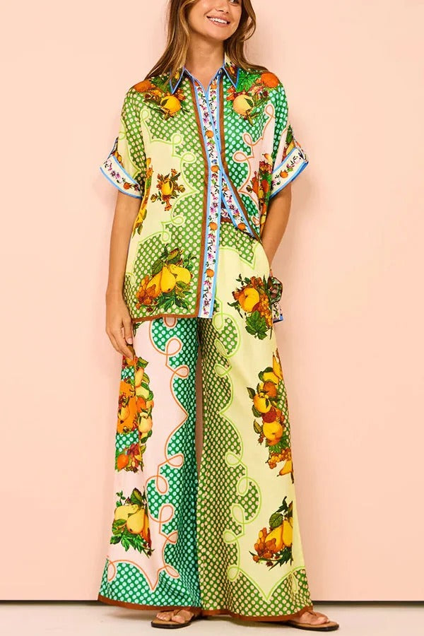 Chemisier surdimensionné boutonné à imprimé unique en satin citron Enjoy Summer