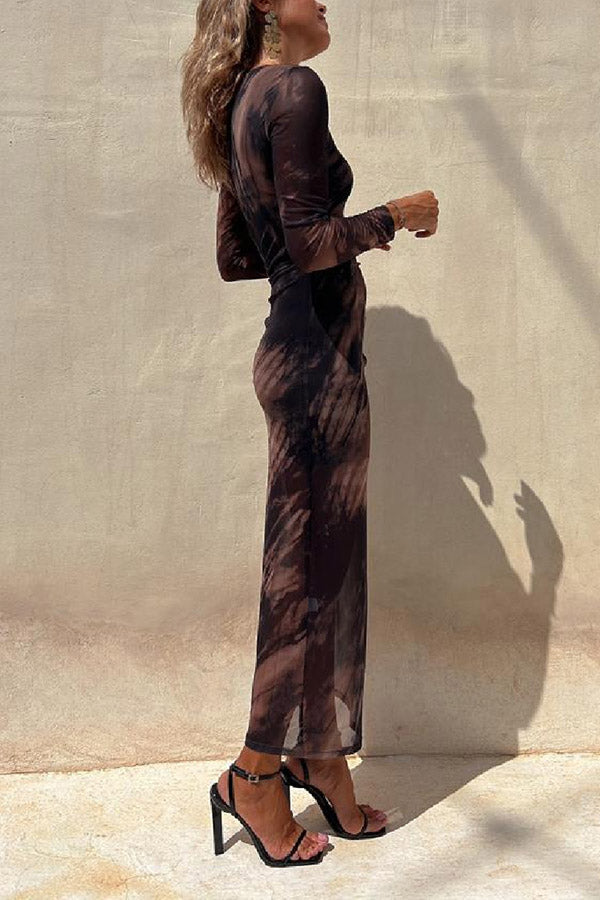 Charm Lady Robe mi-longue extensible à manches longues et froncée avec superposition en maille et imprimé tie-dye