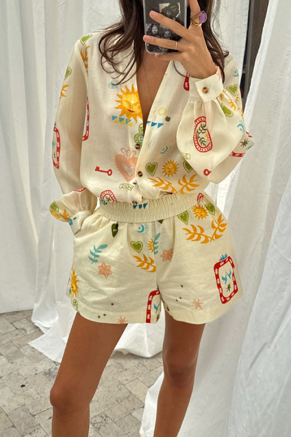 Lässiges All-Match-Set aus Hemd, Strickjacke und Shorts, zweiteilig