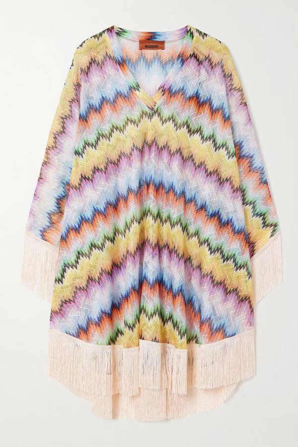 Jiya Knit Colorful Zigzag Pattern Tassle Trim Loose Kaftan Mini Dress
