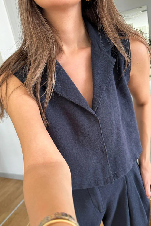 Ensemble deux pièces décontracté en coton et lin avec gilet et pantalon à revers uni