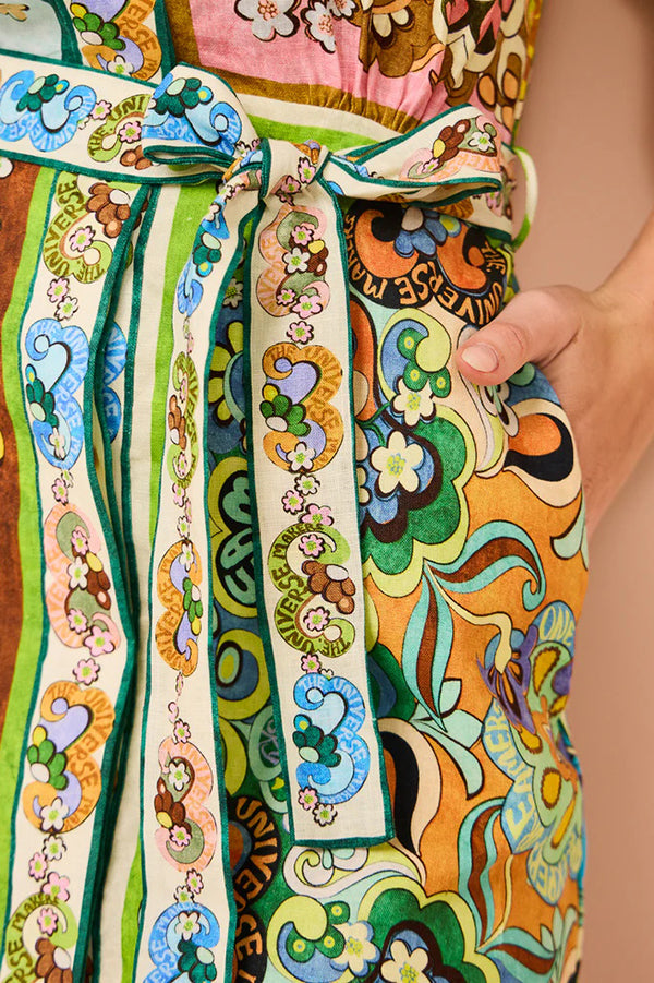 Sasha – Einzigartiges bedrucktes Minikleid im Hemdstil mit Bindegürtel aus Leinenmischung