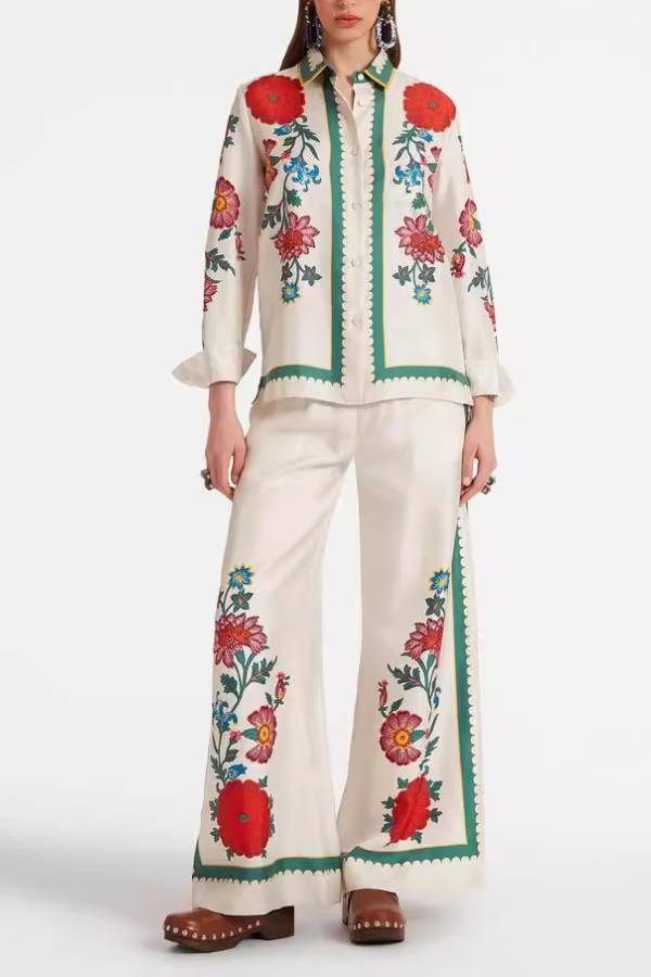 Modischer zweiteiliger Anzug mit bedrucktem Hemdkragen und langen Ärmeln