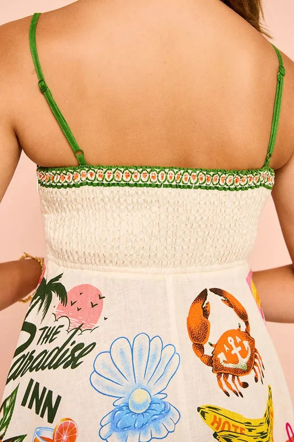 Holiday Paradise Maxikleid aus Leinenmischung mit einzigartigem Druck und gesmokten Gesäßtaschen