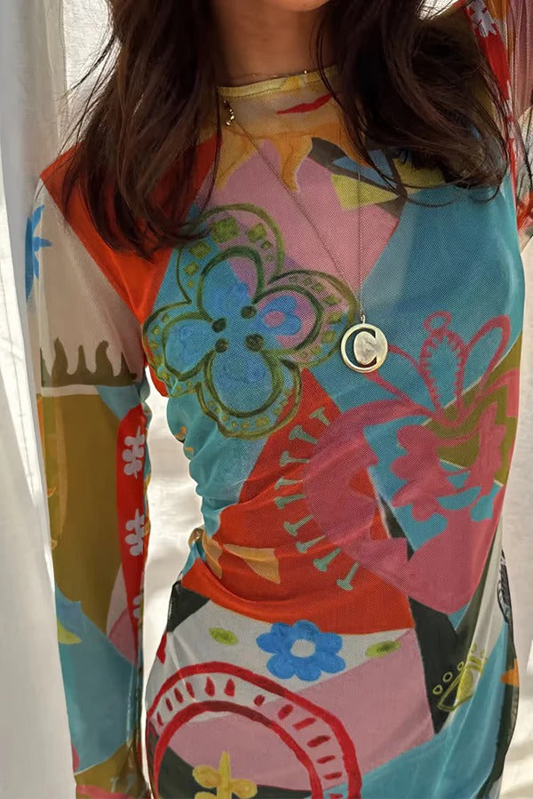 Sundazed Sommer Mesh Bunte Einzigartige Druck Langarm Stretch Maxi Kleid