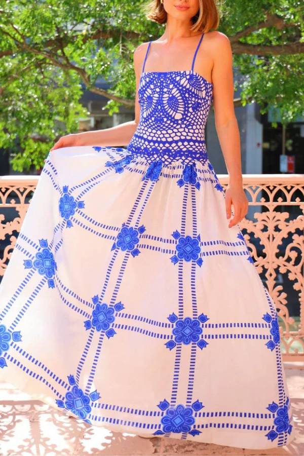 Lace blue and white stitching suspender dress