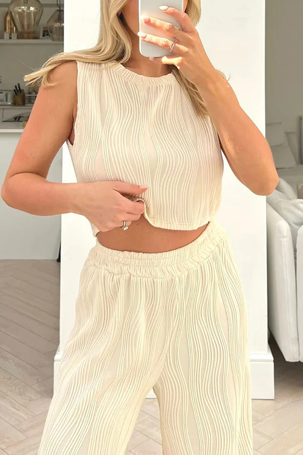 Einfarbiges Tanktop mit Rundhalsausschnitt und Wasserwellen-Print und gerade geschnittene Hose mit elastischem Bund