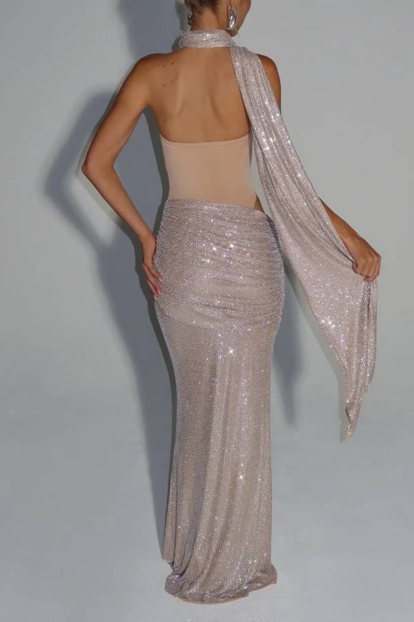 Kailani Sequin Strapless Mesh Cutout Waist Ruched Scarf Maxi Dress