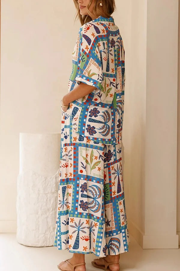 Unique Print Lapel Short Sleeve Loose Shirt and Elastic Waist Casual Pocket Wide Leg Pants Set