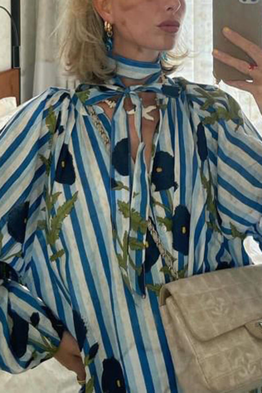 Kaftan-Midikleid aus Leinenmischung mit Blumen- und Streifenmuster, Knopfleiste, Gürtel und Taschen