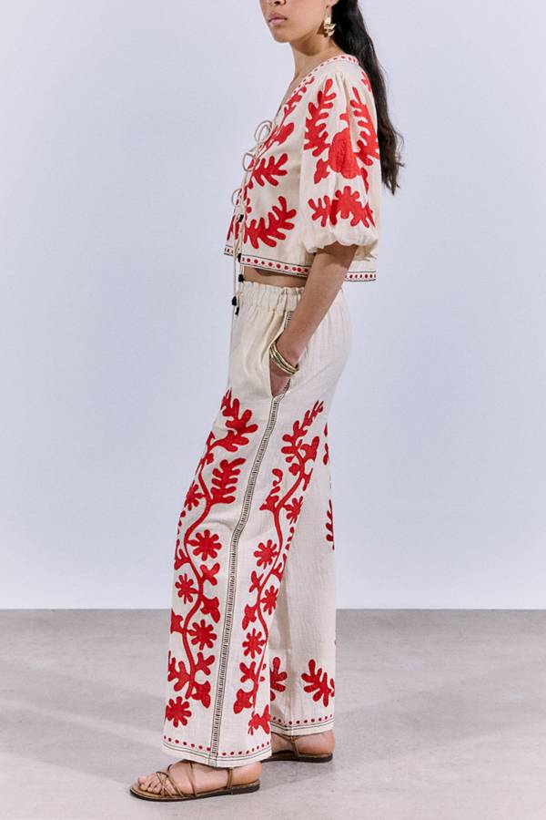 Till Sunset Linen Blend Unique Print Elastic Waist Pocket Wide Leg Pants