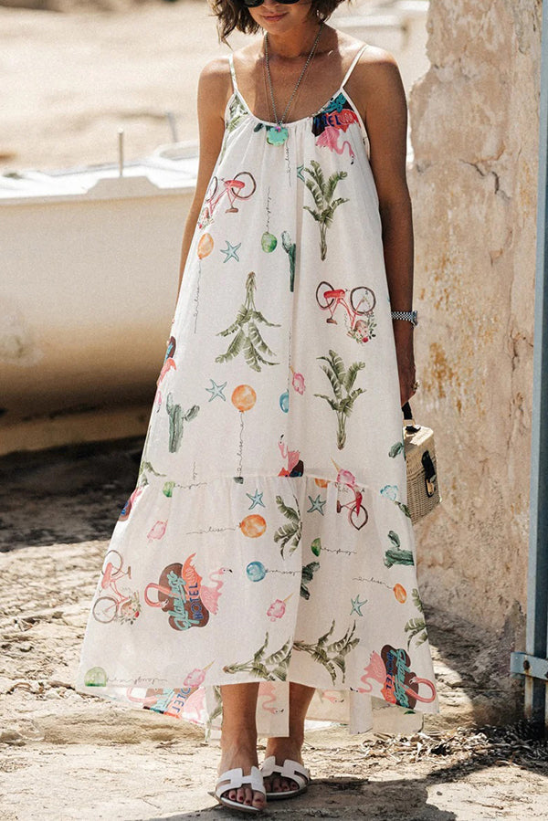Sommermode Einzigartiger Druck Rundhalsausschnitt Strapse Rückenfreies Midikleid