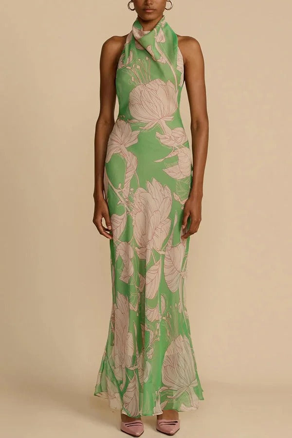 Josefine – Neckholder-Maxikleid mit Wasserfallausschnitt und Blumenmuster, rückenfrei und zum Binden