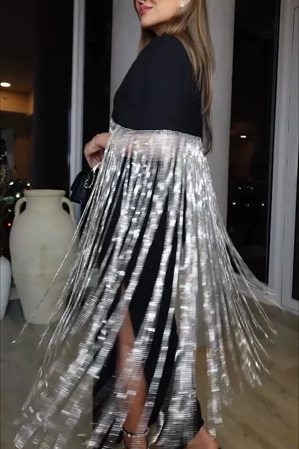 New Level Shiny Tassel Stand Neck Crop Cape Blouse