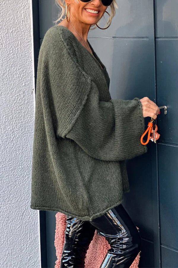 Pull tricoté à manches longues et col en V patchwork tendance