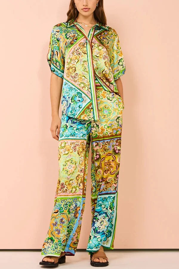 Joselyn Paisley Colorblock Einzigartiger Druck Elastischer Bund Taschen Hosenset