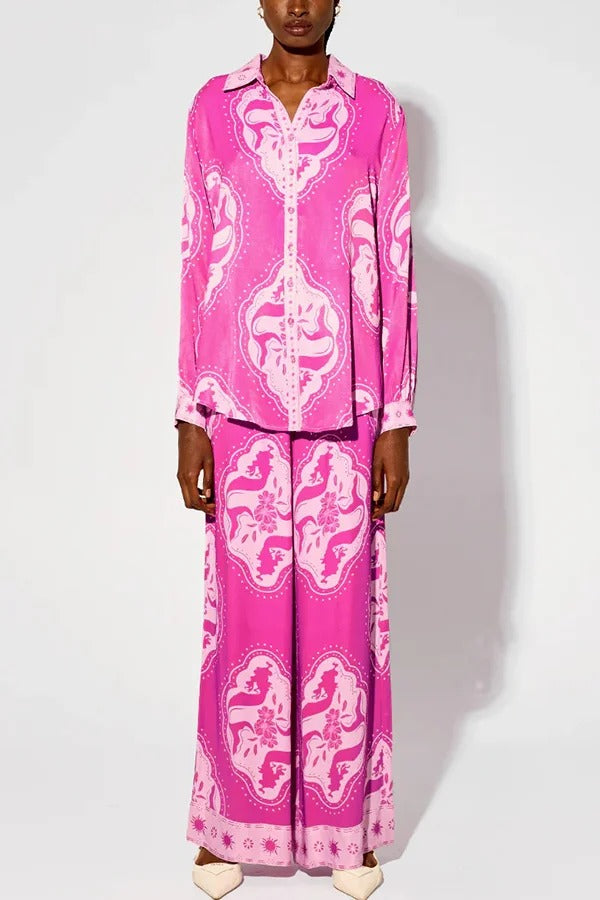 Ensemble chemise surdimensionnée à manches longues et pantalon à taille élastique à imprimé unique Elliot