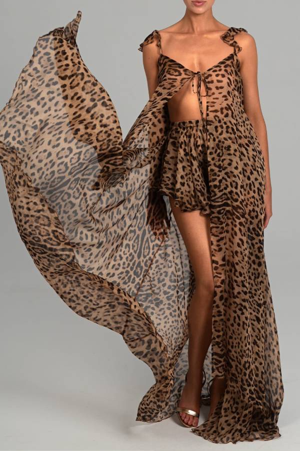Ensemble haut midi fendu à nouer et short taille élastique léopard Immerse Vacation