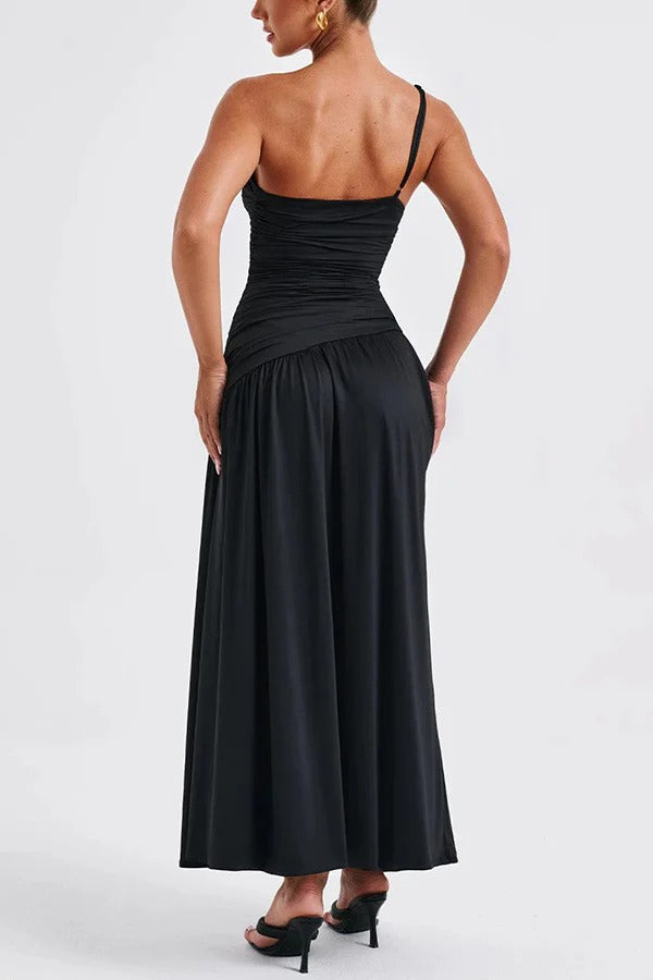 Sexy Maxikleid mit One-Shoulder-Trägern, gerafftem Slim Fit und Schlitz