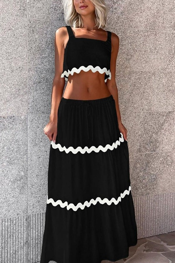 Ärmelloses, kurzes Tanktop mit Napa-Zickzack-Besatz und Maxirock mit Tasche und elastischer Taille mit Kordelzug