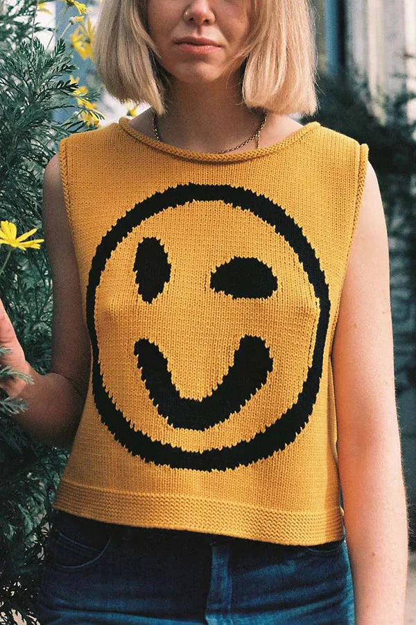 Always Happy Face Strick-Tanktop mit einzigartigem Muster, vielseitig und locker
