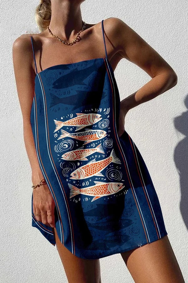 Einzigartiges sexy Minikleid mit Riemchen und Ozean-Print