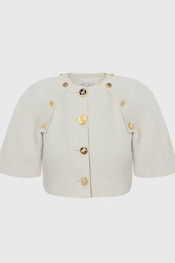 Custom Look Linen Blend Unique Metal Pattern Buttons Slit Half Sleeve Crop Jacket