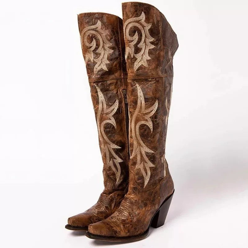 Bestickte hohe Stiefel mit mittlerem Absatz, Damenstiefel im ethnischen Stil